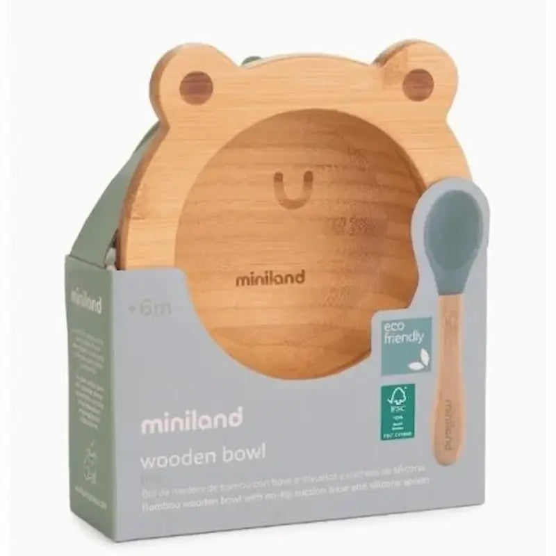 Bol en bois naturel forme grenouille Miniland Baby pour repas enfant.