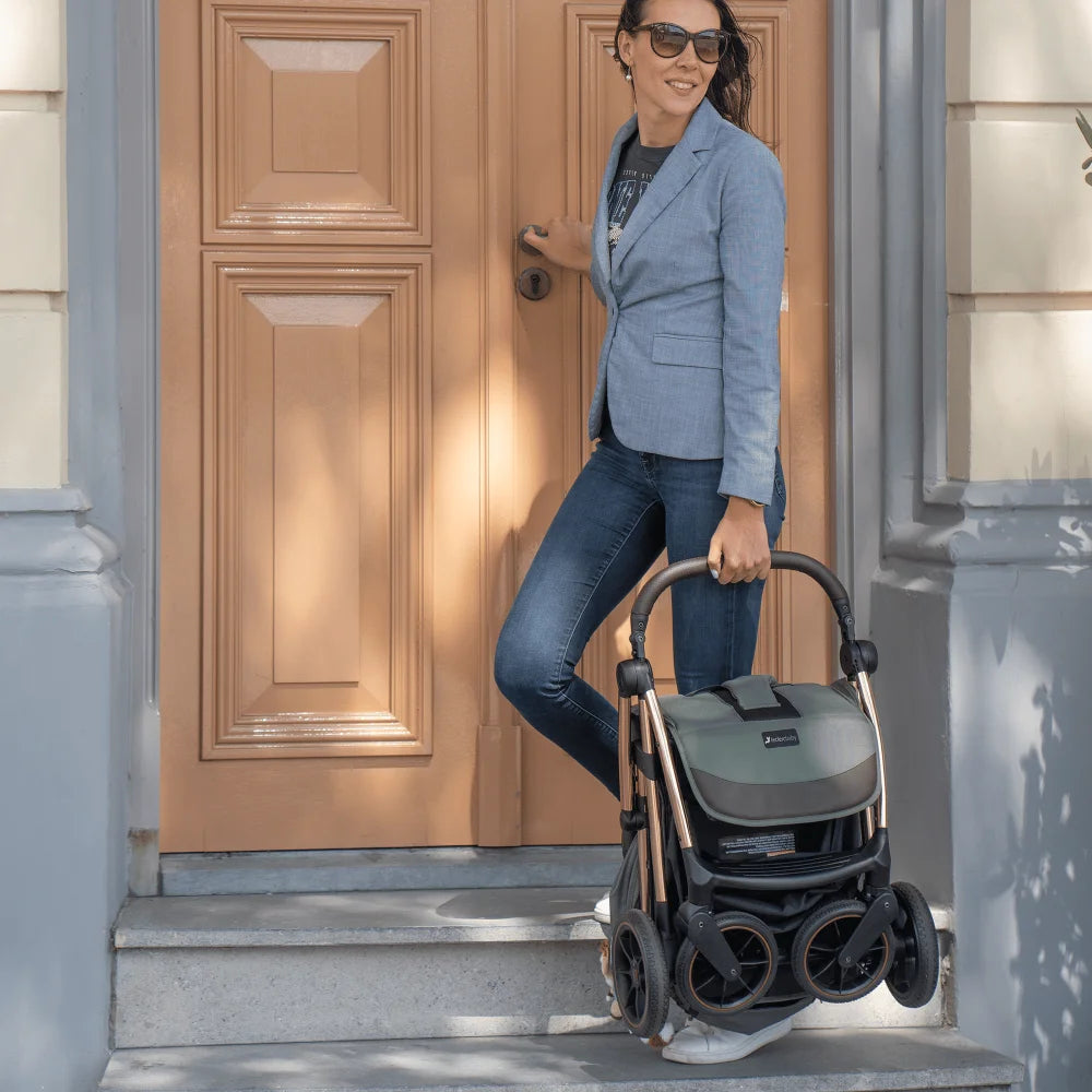 Poussette Leclerc Baby Influencer vert armée et châssis rose gold pliage automatique,