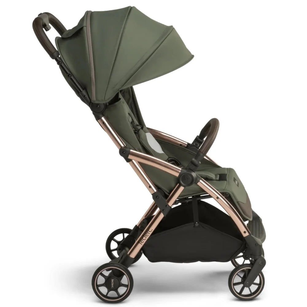 Poussette Leclerc Baby Influencer vert armée et châssis rose gold pliage automatique,
