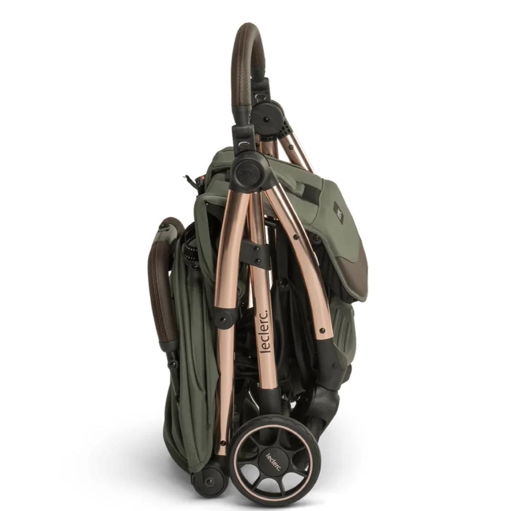 Poussette Leclerc Baby Influencer vert armée et châssis rose gold pliage automatique,