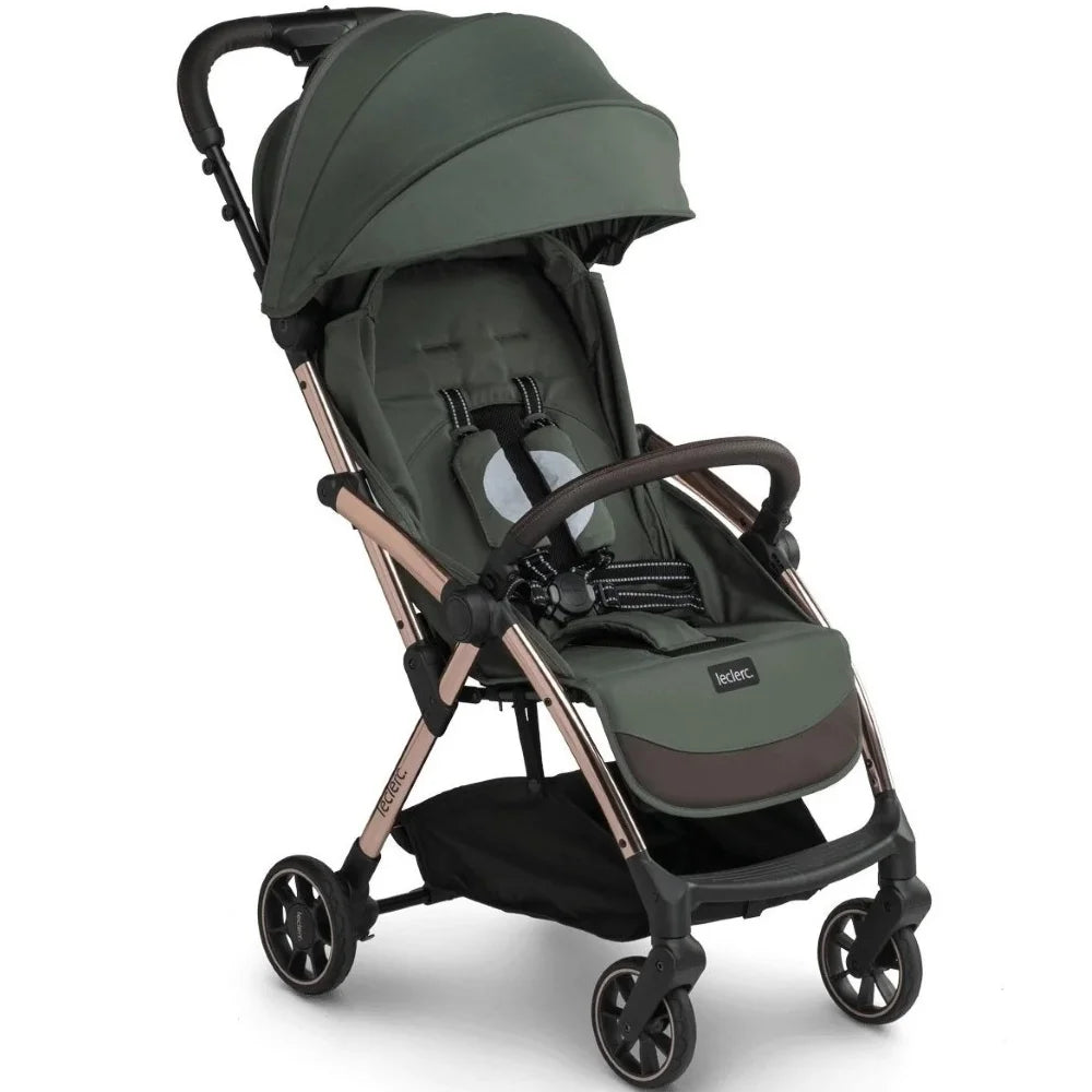 Poussette Leclerc Baby Influencer vert armée et châssis rose gold pliage automatique,