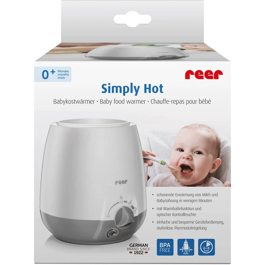 Chauffe-biberon electrique Reer Simply Hot gris et blanc sans BPA pour lait maternel et petits pots bebe.