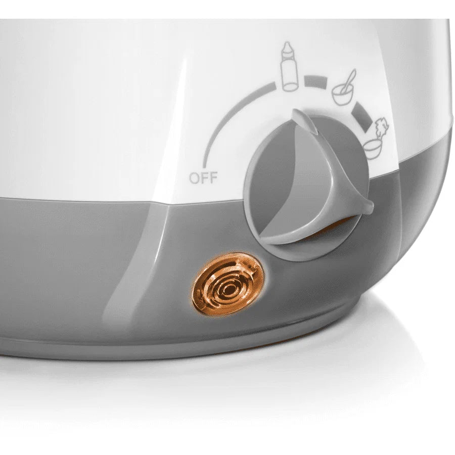 Chauffe-biberon electrique Reer Simply Hot gris et blanc sans BPA pour lait maternel et petits pots bebe.