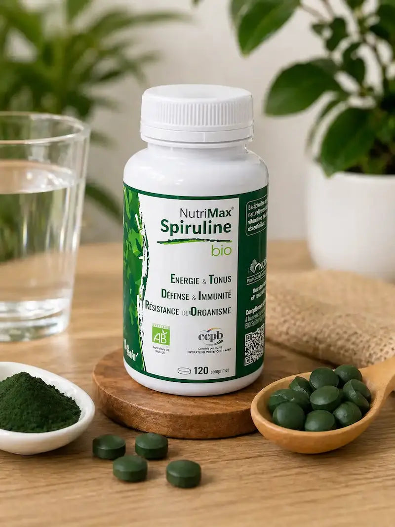Complément alimentaire NutriMax Spiruline Bio en comprimés pour l énergie et l immunité de la maman au Maroc.