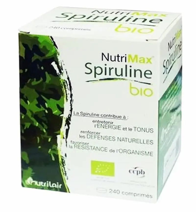Boîte NutriMax Spiruline Bio format familial de 240 comprimés pour l immunité et la vitalité de la maman au Maroc, disponible sur spiruline 240