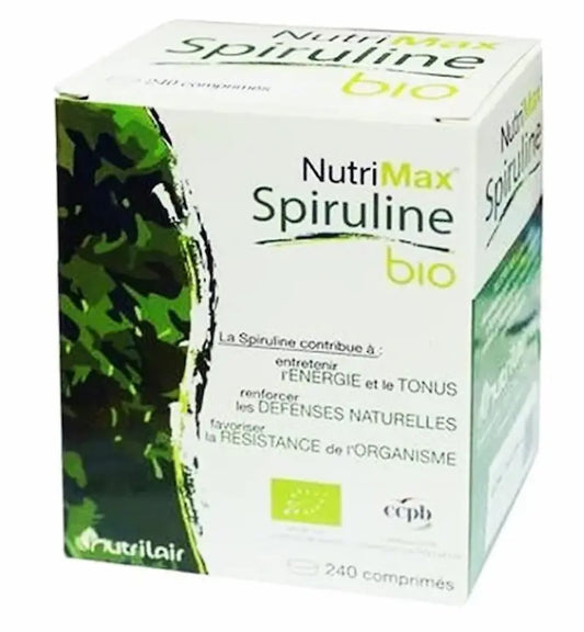 Boîte NutriMax Spiruline Bio format familial de 240 comprimés pour l immunité et la vitalité de la maman au Maroc, disponible sur spiruline 240